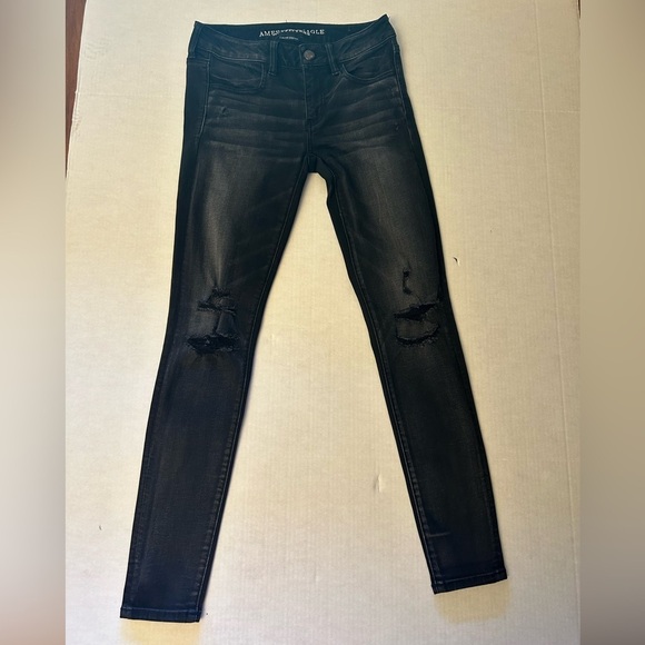 American Eagle Super Stretch Black Charcoal Skinny distressed Jeans Sz-4R.   E10 - Picture 2 of 11